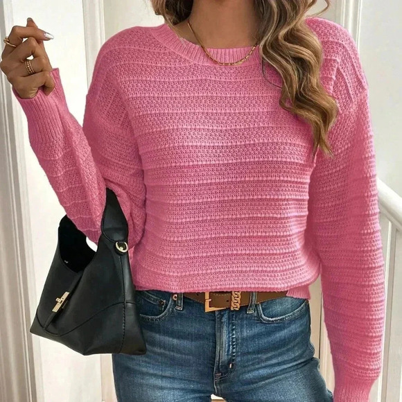 Hot Pink Casual Women's Minimalist Bow Decor Crew Neck Sweater - Picture 6 of 6